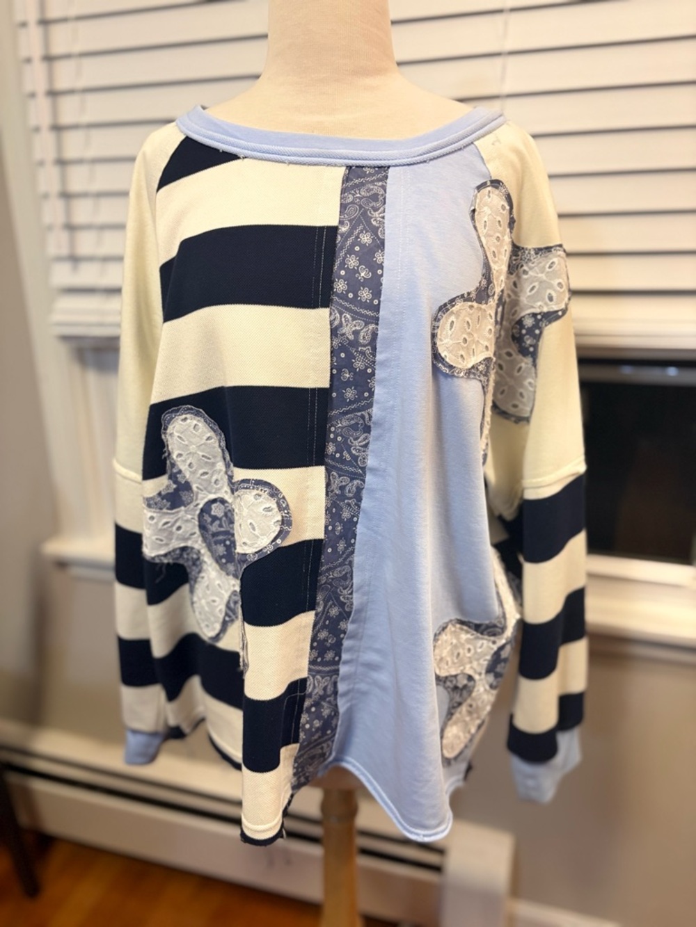 BiBi Terry Knit Solid and Striped Top with Flower Patches in Blue Mix (XL)